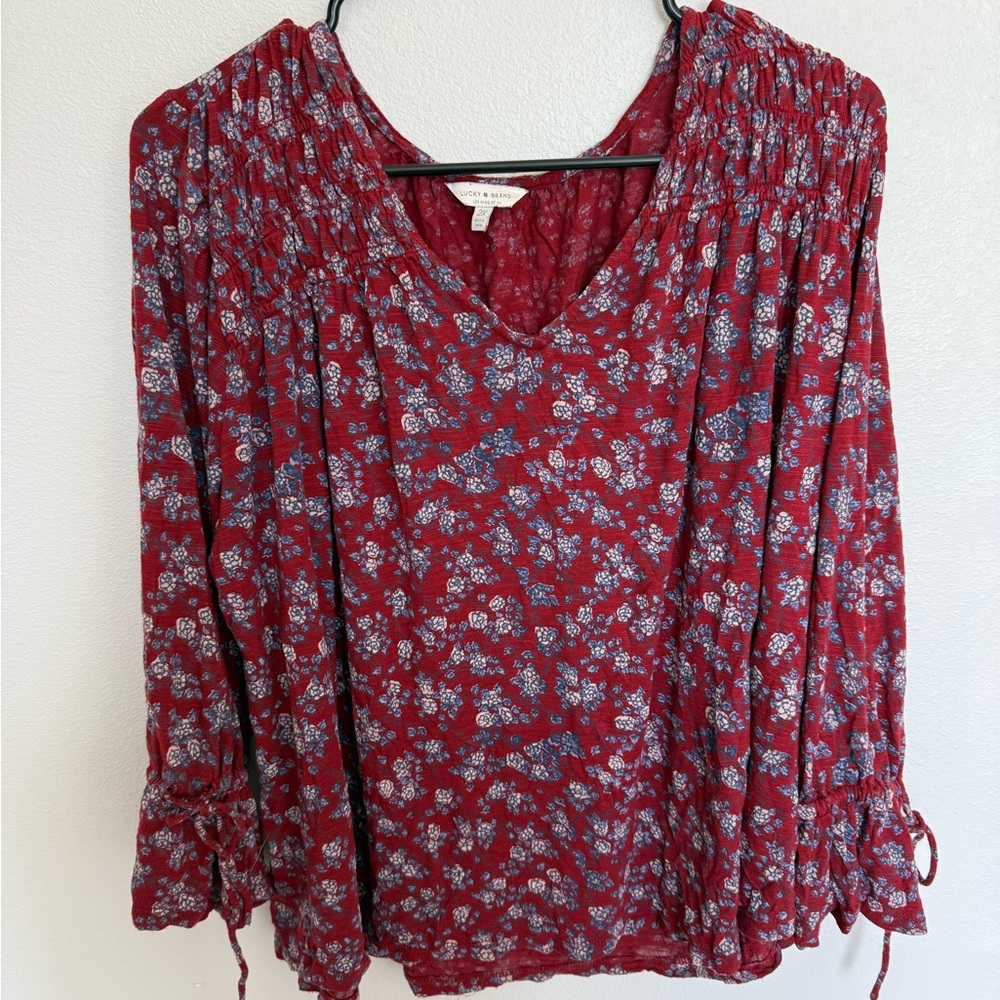 Lucky Brand Red Floral Blouse Boho Romantic Whimsical Cottage Core Plus Size 2X